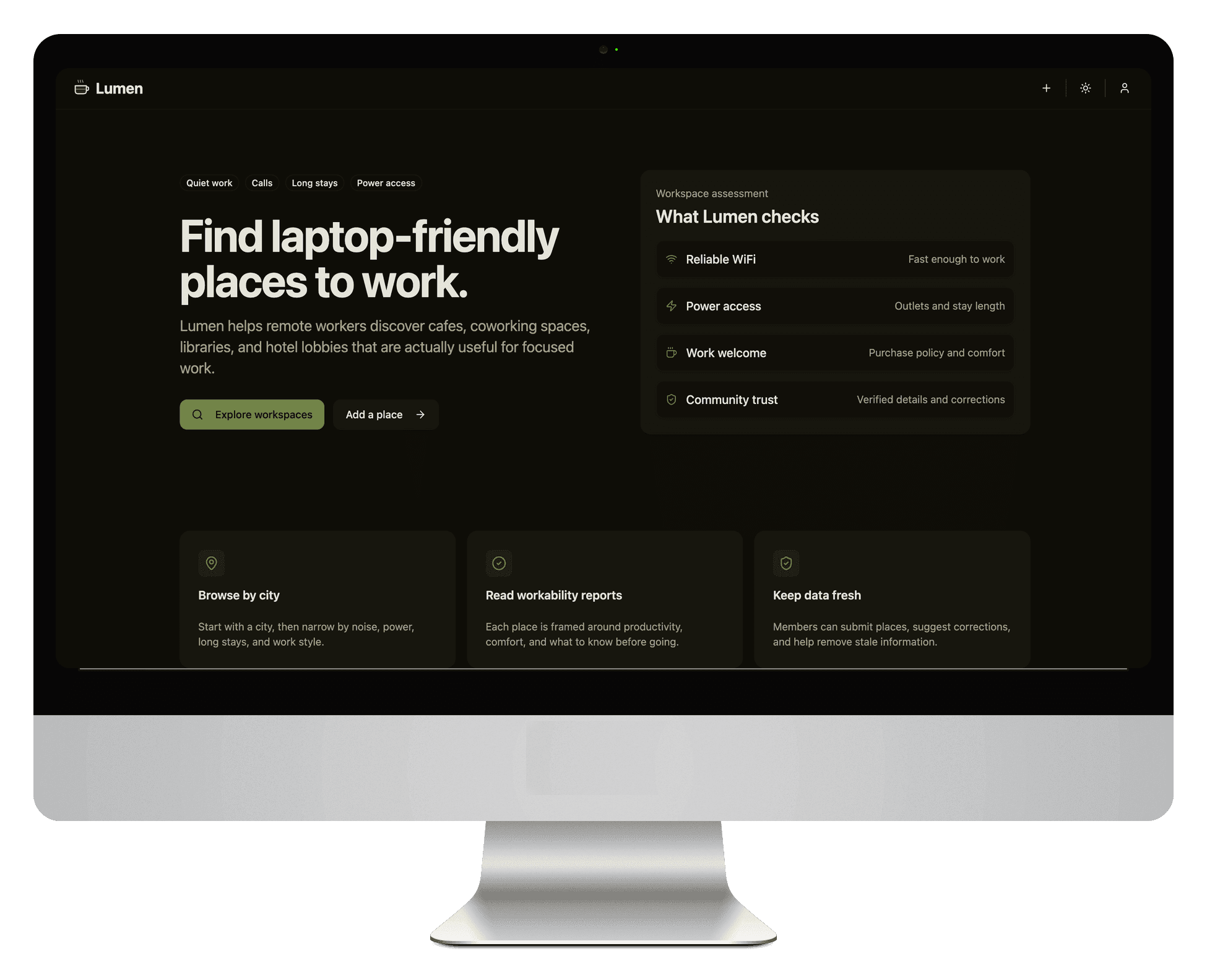 Lumen workspace discovery app shown on an iMac
